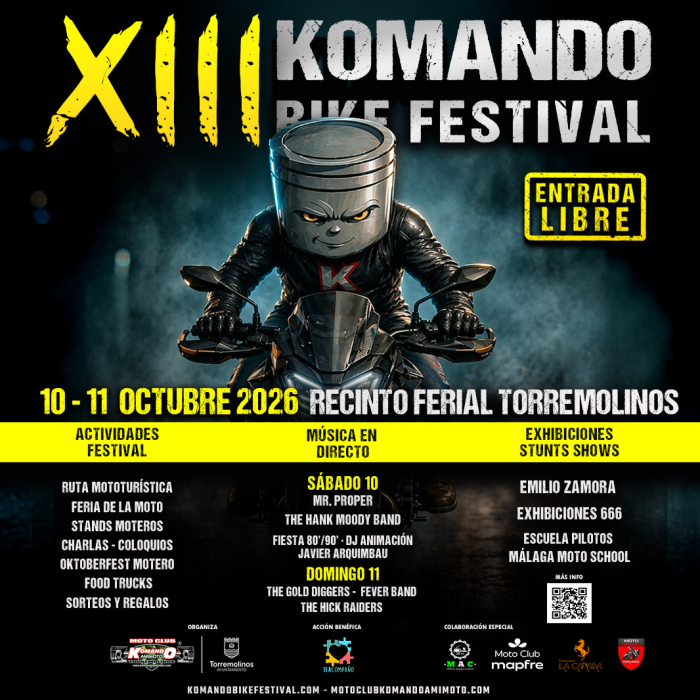 Ruta moto turística, feria de la moto, exhibiciones y conciertos protagonizarán el XIII Komando Bike Festival